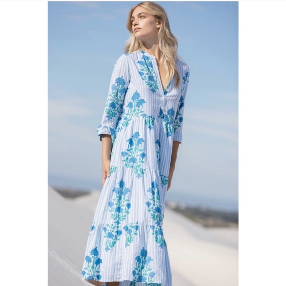 Oliphant Jaipur Striped Light Blue Floral Tiered Maxi Dress